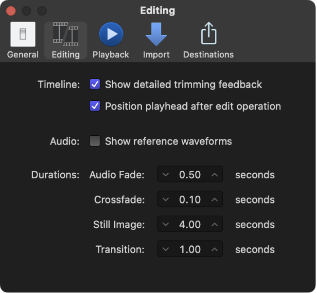 The Editing pane of the Final Cut Pro Settings window