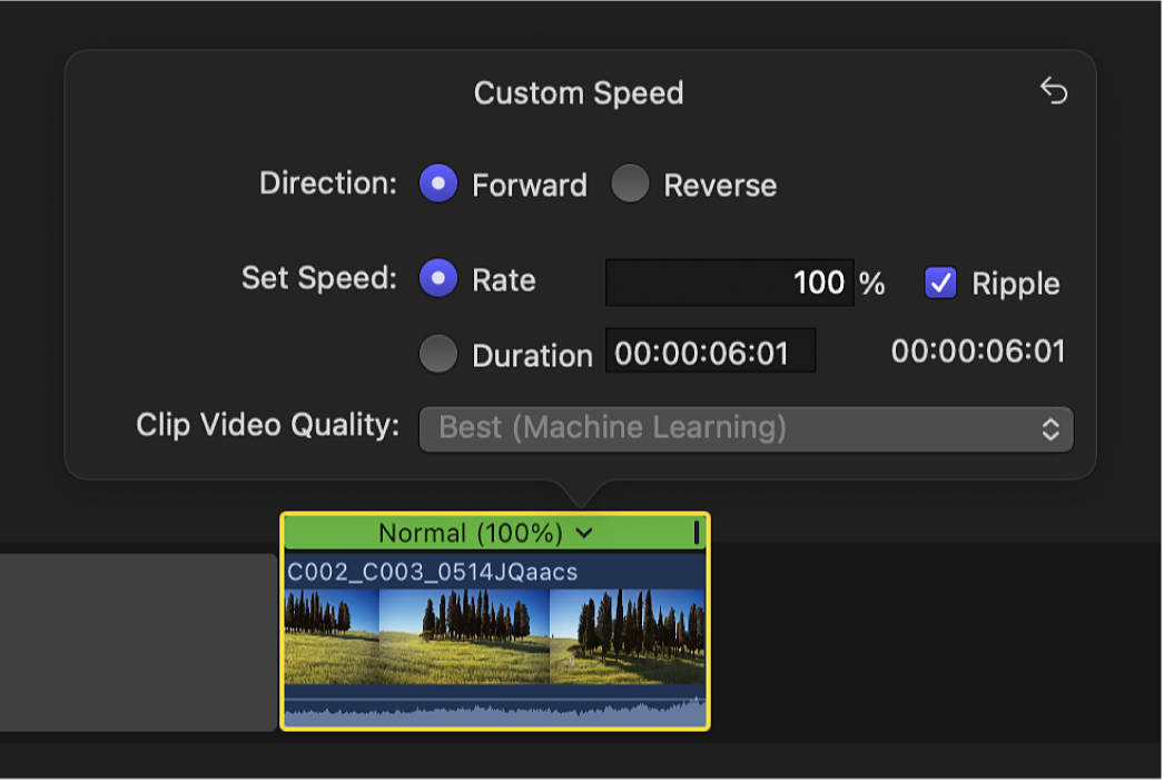 The timeline showing the Custom Speed window above a selected clip