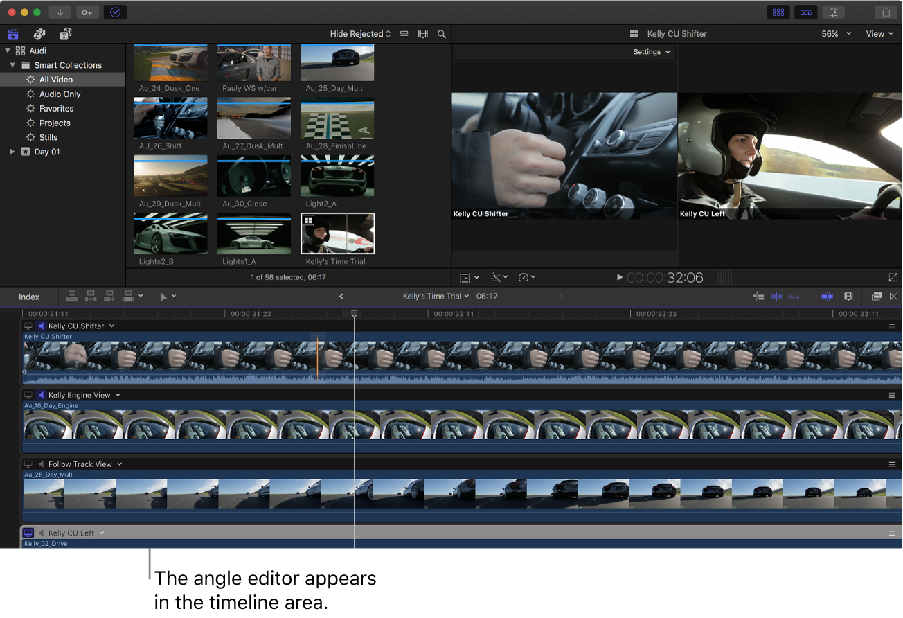The Final Cut Pro window with the angle editor shown in the timeline area