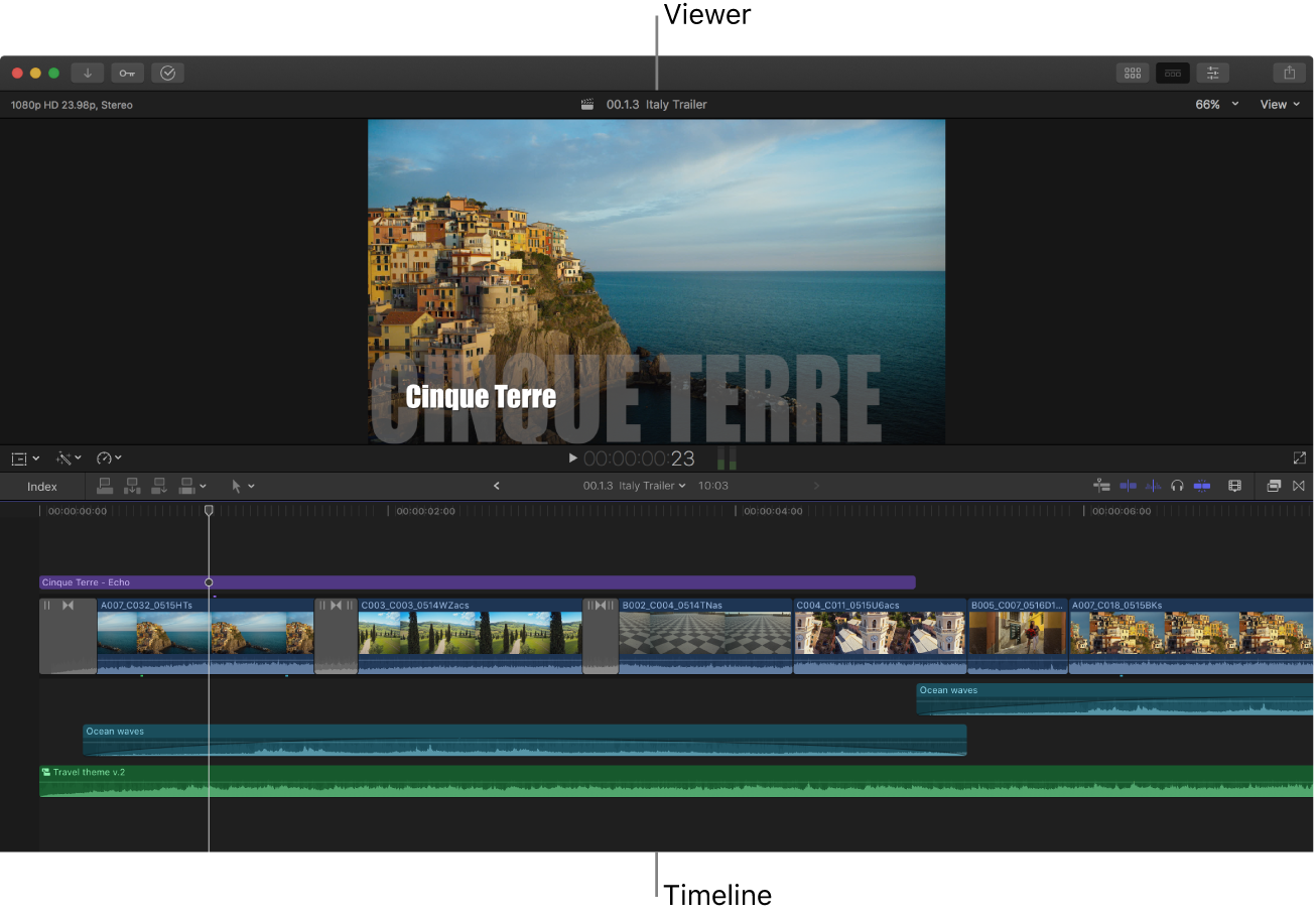 The Final Cut Pro window with just the viewer and the timeline showing