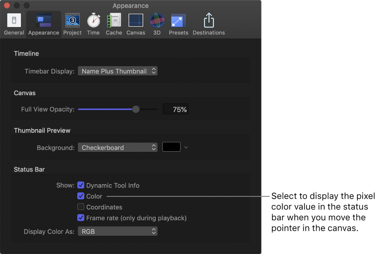 Motion Settings window showing Appearance pane with Color selected in Status Bar area.