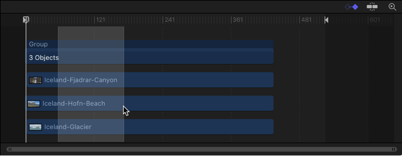 Timeline showing a selected range