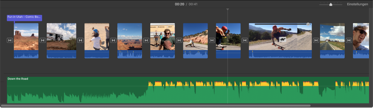 Timeline mit Miniaturen von Videoclips und einem Audioclip unter den Videoclips