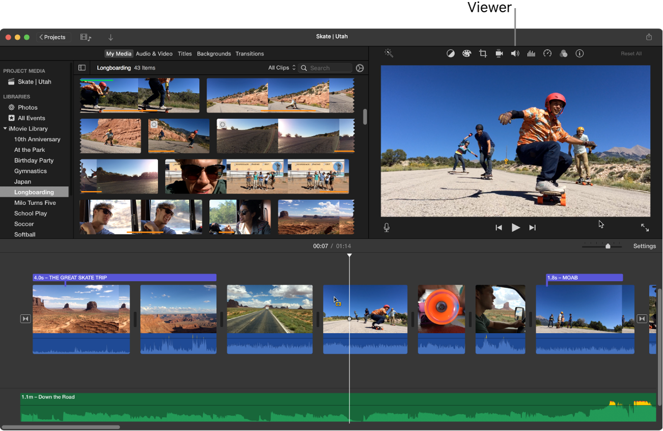 iMovie main window showing viewer on right above timeline