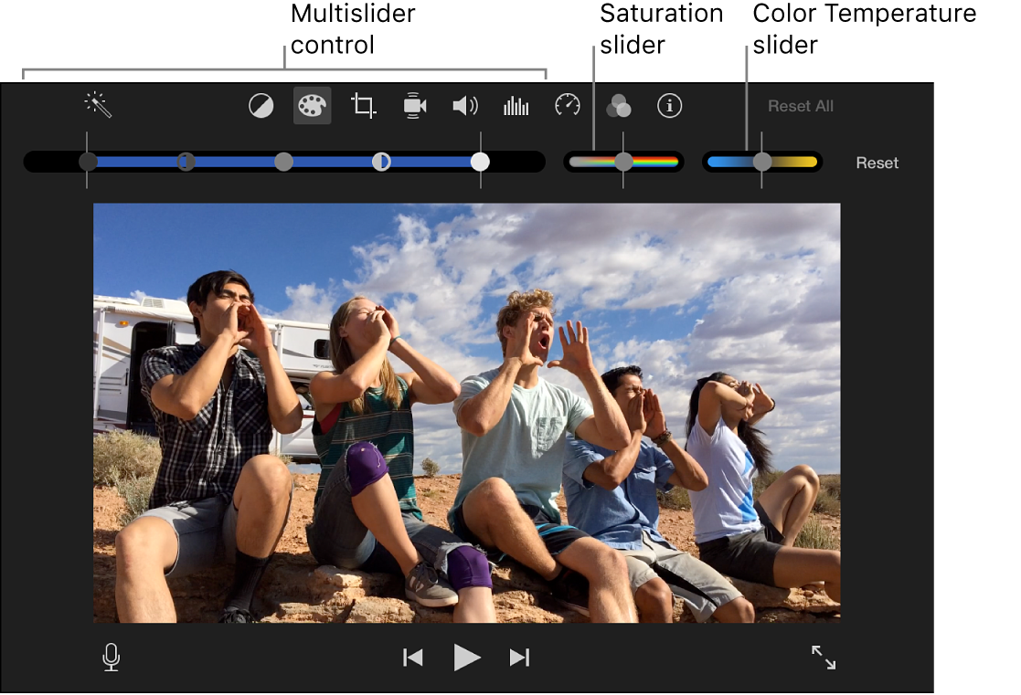 Color correction controls, including multislider control, Saturation slider, and Color Temperature slider