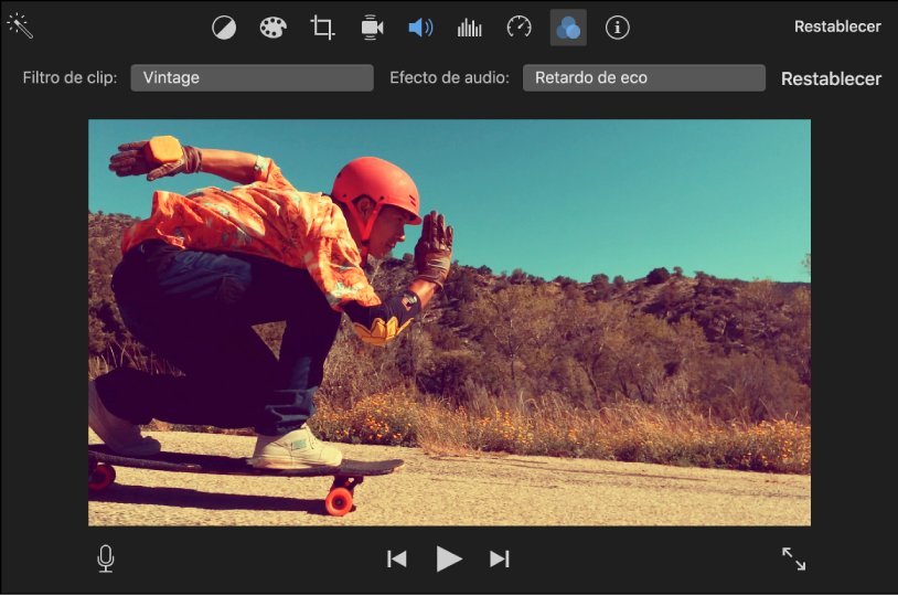 Visor mostrando un clip con un filtro aplicado; los controles Filtro de clip aparecen arriba del visor