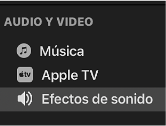 La opción Efectos de sonido seleccionada en la barra lateral