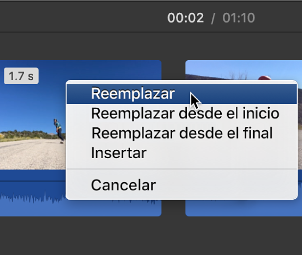 Menú en la línea de tiempo con las opciones de reemplazo del clip