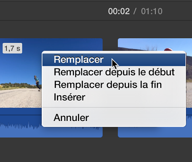 Menu dans la timeline offrant des options de remplacement de plan