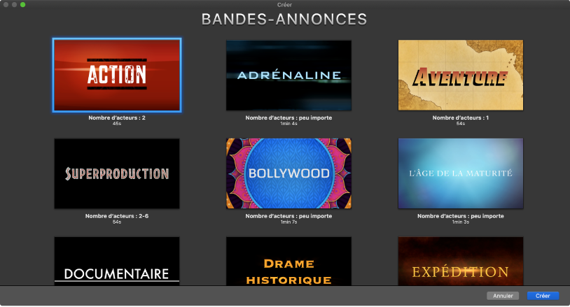 Fenêtre Créer affichant des vignettes de modèles de bandes-annonces
