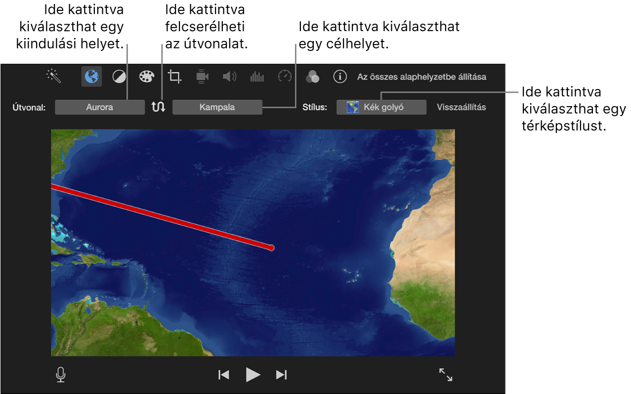 Animált úti térkép vezérlői a lejátszóablak felett a kezdő és záró helyzet beállításához, útirány felcseréléséhez és a térképstílus kiválasztásához