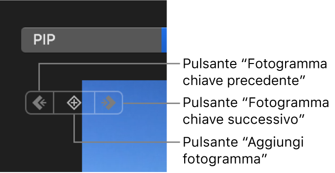 Pulsanti “Fotogramma chiave precedente”, “Fotogramma chiave successivo” ed “Elimina fotogrammi chiave” nel visore