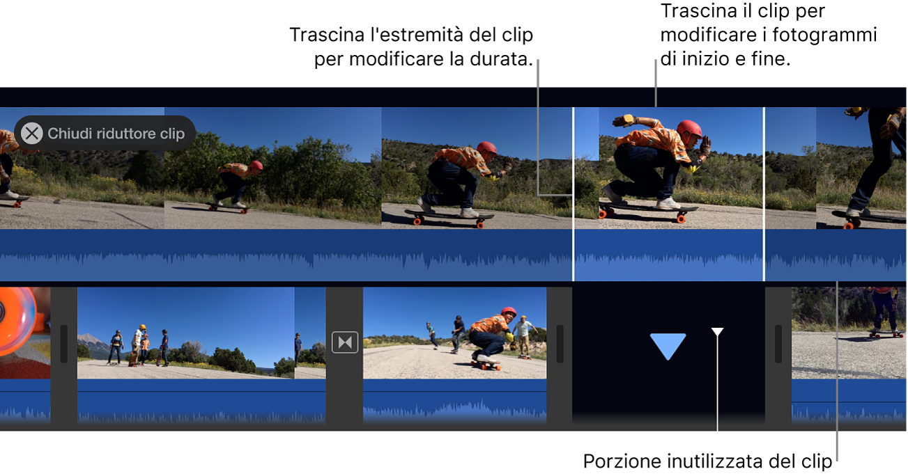 Riduttore clip aperto nella timeline, in cui vengono mostrate le estremità del clip e in cui le parti inutilizzate del clip compaiono in grigio