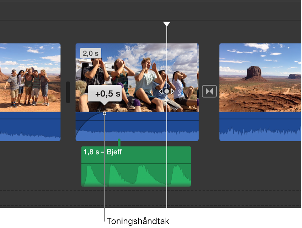 Toningshåndtak i lyddelen av et klipp i tidslinjen