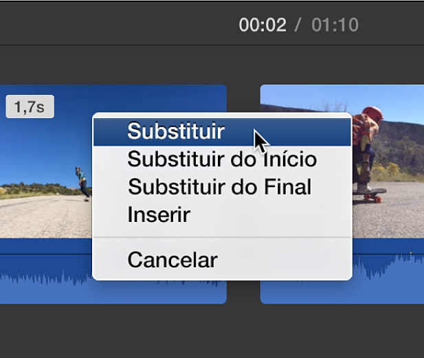 Menu na linha do tempo exibindo opções de substituição do clipe