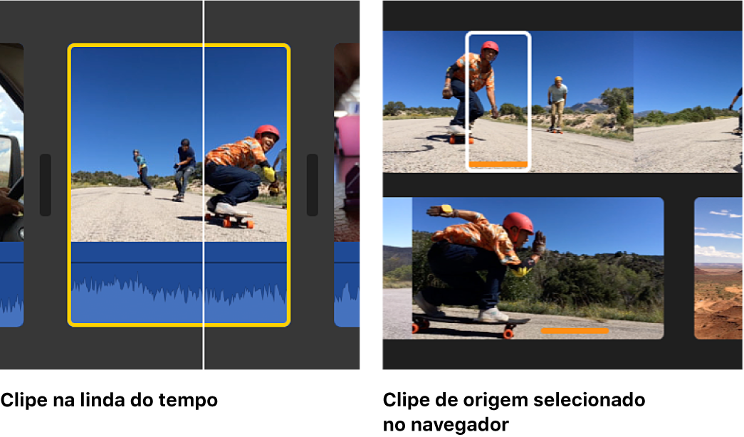 Gráfico à esquerda exibindo clipe selecionado na linha do tempo e gráfico à esquerda exibindo intervalo selecionado no clipe de origem no navegador, correspondendo aos limites do clipe na linha do tempo