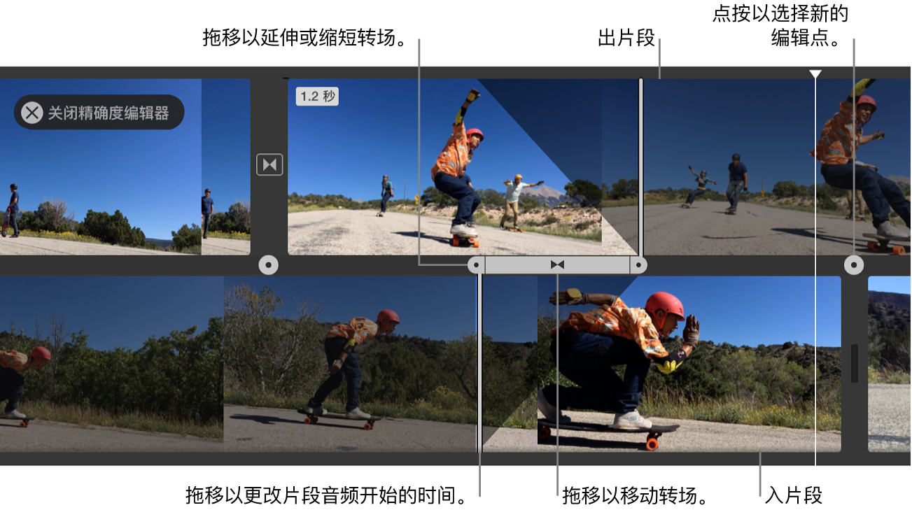 在时间线中打开的精确度编辑器，显示出片段、入片段、片段之间的转场，并显示用于调整每个片段的视频和音频的开始与结束时间的控制