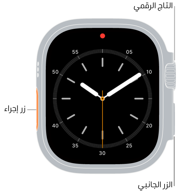 الجزء الأمامي من Apple Watch Ultra وتظهر به شاشة العرض التي تعرض واجهة الساعة والتاج الرقمي والميكروفون والزر الجانبي من أعلى إلى أسفل على جانب الساعة.