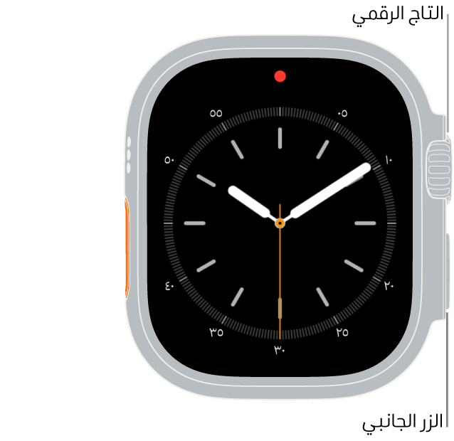 الجزء الأمامي من Apple Watch Ultra، ويظهر التاج الرقمي في الجزء العلوي على الجانب الأيمن من الساعة والزر الجانبي في أسفل اليمين.