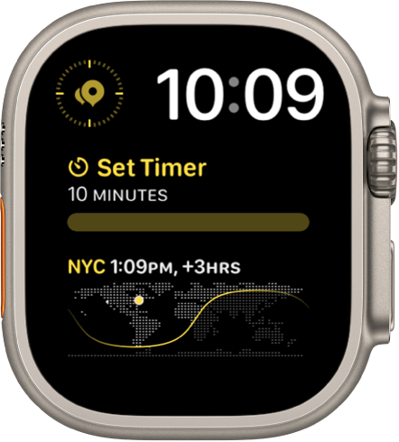 Циферблат Modular Duo (Модулно двоен), показващ цифров часовник горе вдясно и три добавки. Compass Waypoints (Точки от маршрута на компас) горе вляво, Timers (Таймери) по средата и World Time (Час по света) в долния край.