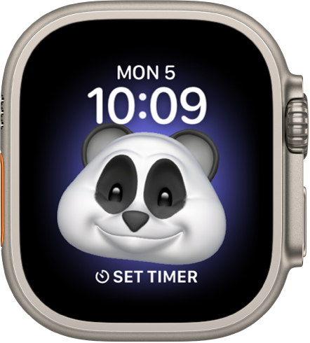 Циферблатът Memoji, където можете да настроите Memoji герой и добавка отдолу. Докоснете екрана, за да раздвижите героя Memoji. Датата и часът са горе, а добавката Timer (Таймер) е в долния край.