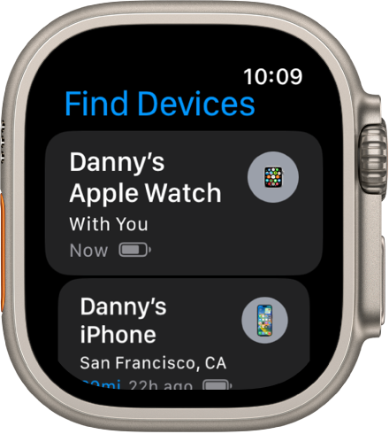 Приложението Find Devices (Намери устройства), показващо две устройства – Apple Watch и iPhone.