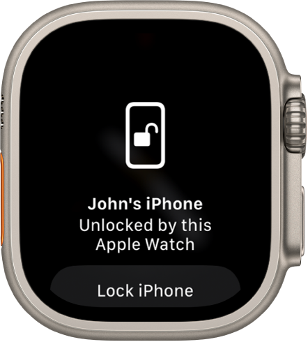 Екранът на Apple Watch показващ думите „John’s iPhone Unlocked by this Apple Watch“. Бутонът за заключване на iPhone е отдолу.