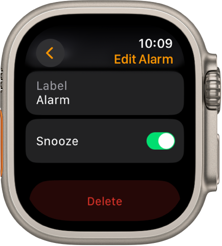 Екран Edit Alarm (Редактиране на аларма) с бутона Delete (Изтрий) в долния край.
