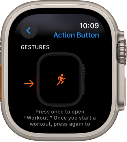 Екран с бутон Action (Действие) на Apple Watch Ultra, показващ Workout (Тренировка) като назначеното действие и приложение. Еднократното натискане на бутона Action (Действие) отваря приложението Workout (Тренировка).