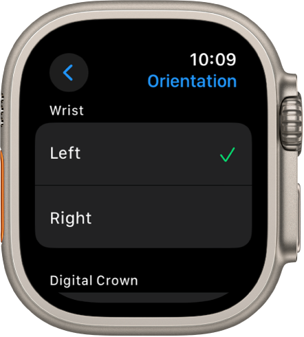 Екранът Orientation (Ориентация) Apple Watch Можете да зададете настройки за китката и за коронката Digital Crown.