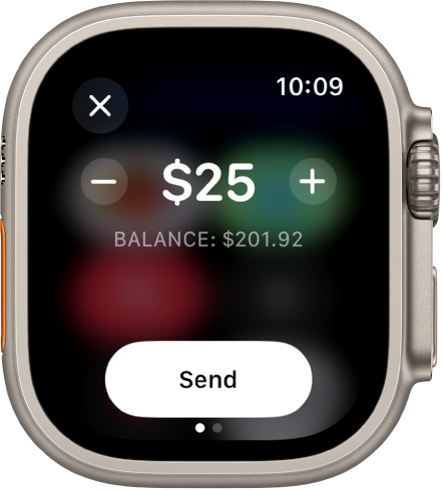 Екран за съобщения, показващ, че се подготвя плащане с Apple Cash (Apple пари в брой). Стойност на долар е горе вдясно. Отдолу е текущият баланс, а бутонът Send (Изпращане) е в долния край.