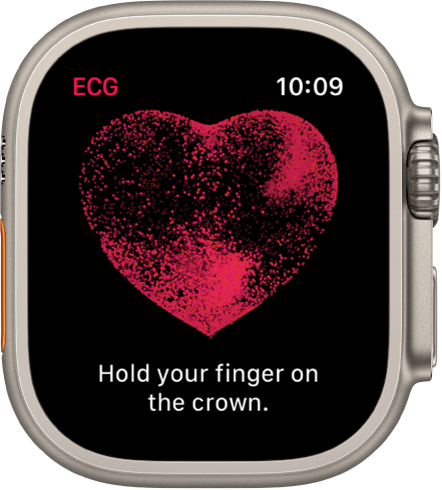 Приложението ECG (ЕКГ), което показва изображение на сърце с думите „Hold your finger on the crown.“