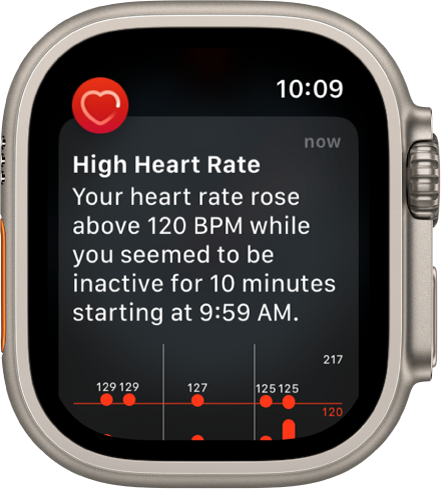 Екранът High Heart Rate (Висока сърдечна честота), показващ известие, че сърдечната ви честота се е качила над 120 удара/мин в продължение на 10 минути, докато сте били неактивни.