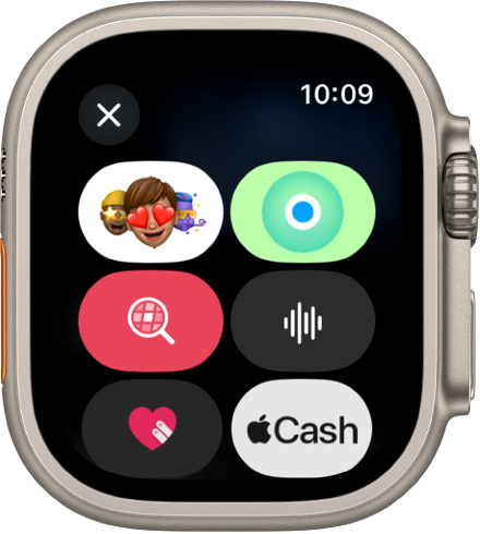 Екран на Messages (Съобщения), показващ бутона Apple Cash заедно с бутоните Memoji, Location (Местоположение), GIF, Audio (Аудио) и Digital Touch (Цифрово докосване).