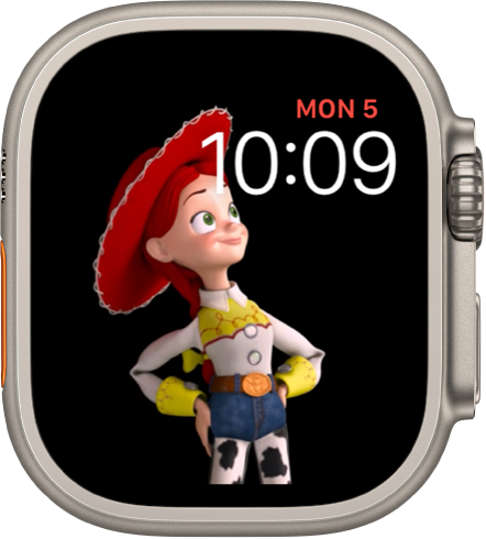 Циферблатът Toy Story (Игра на играчките) показва деня, датата и часа горе вдясно и анимация на Jessie в лявата част на екрана.