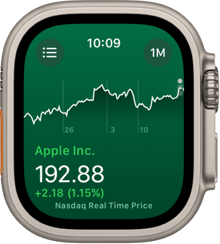 Информация за акция в приложението Stocks (Акции). Голяма графика показва прогреса на акциите за месец в средата на екрана.