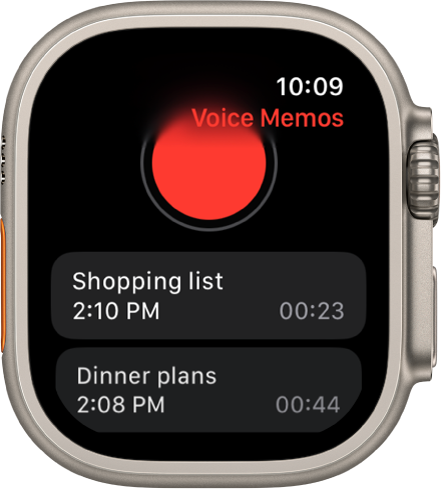 Apple Watch, показващ екрана Voice Memos (Гласови бележки). В горния край се появява червен бутон Record (Запис). Две записани бележки се появяват отдолу. Бележките показват времената на записване и тяхната продължителност.