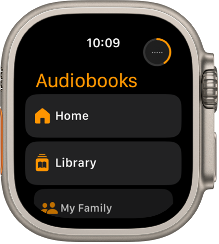 Приложението Audiobooks (Аудио книги), показващо бутоните Home (Начало), Library (Библиотека) и My Family (Моето семейство).