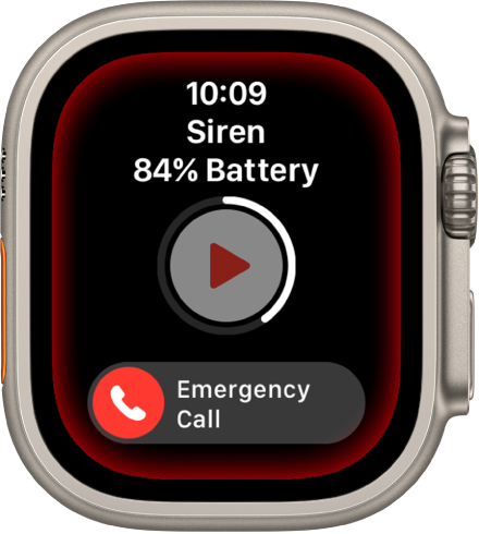 Обратно броене в приложението Siren (Сирена). В горната част е заряда на батерията, в средата е бутона Play (Възпроизведи) и отдолу е плъзгача Emergency Call (Спешно обаждане).