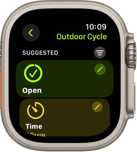 Приложението Workout (Тренировка), което показва екран за редактиране на тренировка Outdoor Cycle (Колоездене на открито). Плочката Open е в центъра с бутон Edit (Редактиране) горе вдясно. Под него е част от Плочката Time (Време).