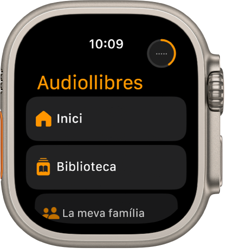 L’app Audiollibres amb els botons Inici, Biblioteca i “La meva família”.