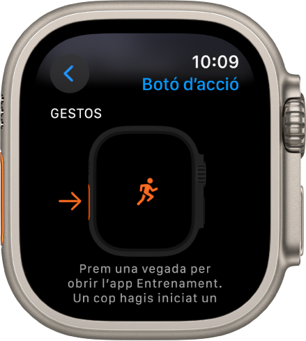 Pantalla del botó d’acció de l’Apple Watch Ultra que mostra Entrenament com a acció i app assignades. Si es prem el botó d’acció un cop, s’obre l’app Entrenament.