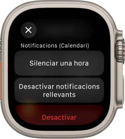 Configuració de les notificacions a l’Apple Watch. El botó superior diu “Silenciar una hora”. A sota hi ha els botons “Desactivar les notificacions rellevants” i Desactivar.