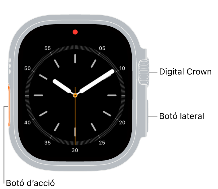 La part de davant de l’Apple Watch Ultra mostra la pantalla amb l’esfera del rellotge. A la part lateral del rellotge començant per dalt hi ha la Digital Crown, el micròfon i el botó lateral.