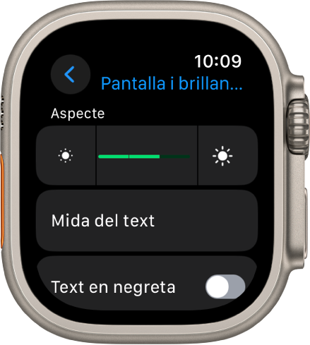 La configuració “Pantalla i brillantor” a l’Apple Watch, amb el regulador de brillantor a la part superior i el botó de “Mida del text” a sota.