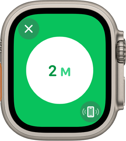 La pantalla Precision Finding mostra que l’iPhone està a gairebé dos metres. A la part inferior dreta hi ha el botó “Emetre un so a l’iPhone”.