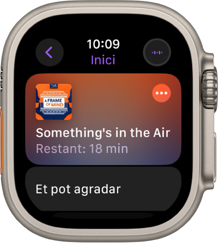 L’app Podcasts de l’Apple Watch mostra la pantalla d’inici amb la il·lustració del podcast. Toca la il·lustració per reproduir l’episodi.