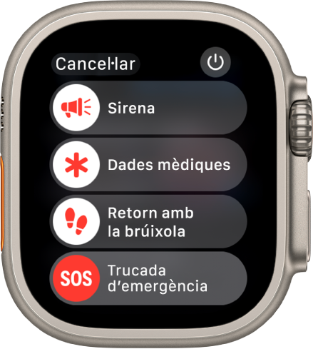 Pantalla de l’Apple Watch amb quatre reguladors: Sirena, “Dades mèdiques”, “Retorn amb la brúixola” i “Trucada d’emergència”. A la part superior dreta hi ha el botó d’engegada.
