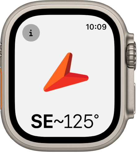 L’app Brúixola mostra una fletxa gran que apunta en la direcció de la capçalera que apareix a sota. El botó Informació és a la part superior esquerra.