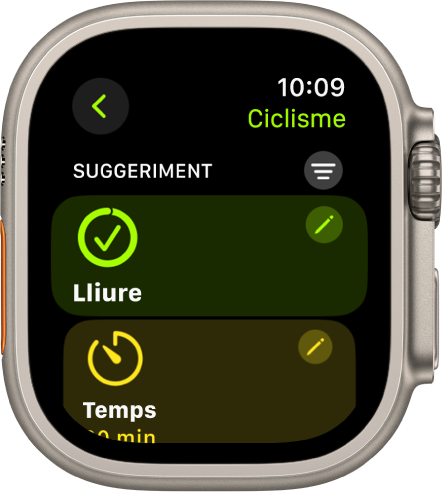 L’app Entrenament amb una pantalla per editar un entrenament de ciclisme. Al centre hi ha el requadre Obrir amb un botó Editar a l’angle superior dret. I a sota, una part del requadre Temps.